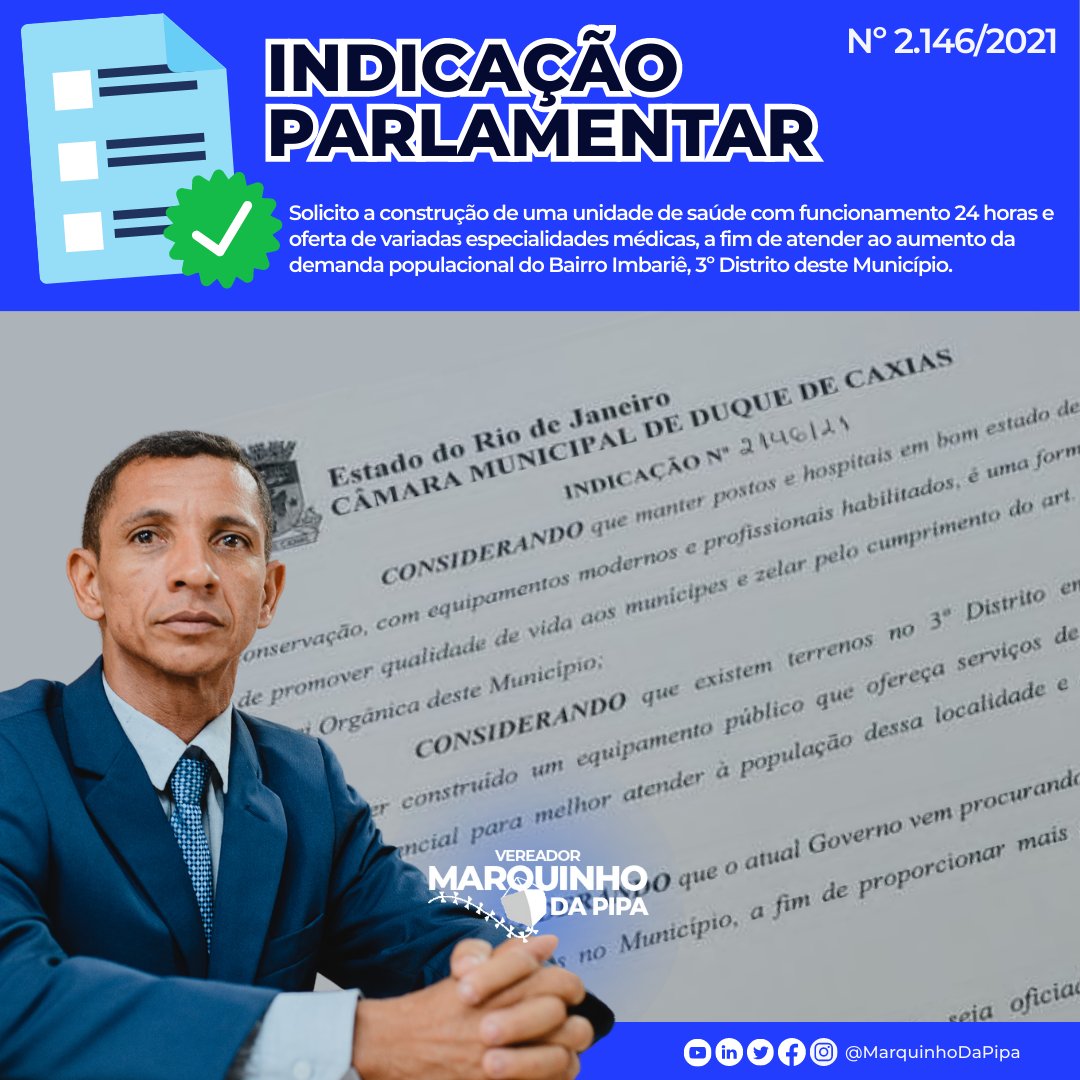 MarquinhoDaPipa's tweet image. 🏥 Boas notícias!

Indicação 2.146/2021 para construção do novo UPH em Imbariê está a todo vapor! Unidade 24h com serviços de qualidade na Av. Coronel Sisson.

Agradeço o apoio de todos!
.
.
.
.
 #SaúdeParaTodos #Imbariê #CompromissoComAPopulação #MarquinhoDaPipa #DuqueDeCaxias