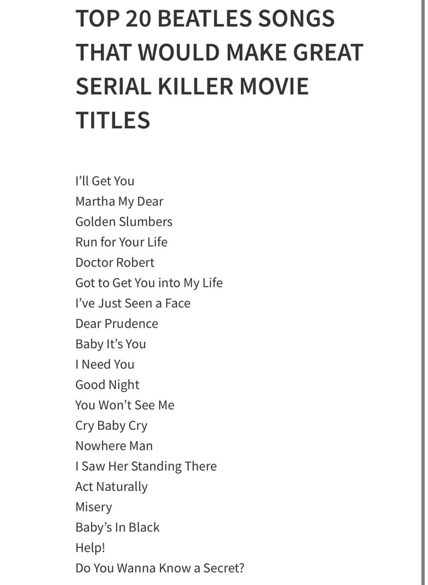 Top 20 Beatles Songs That Would Make Great Serial Killer Movie Titles: