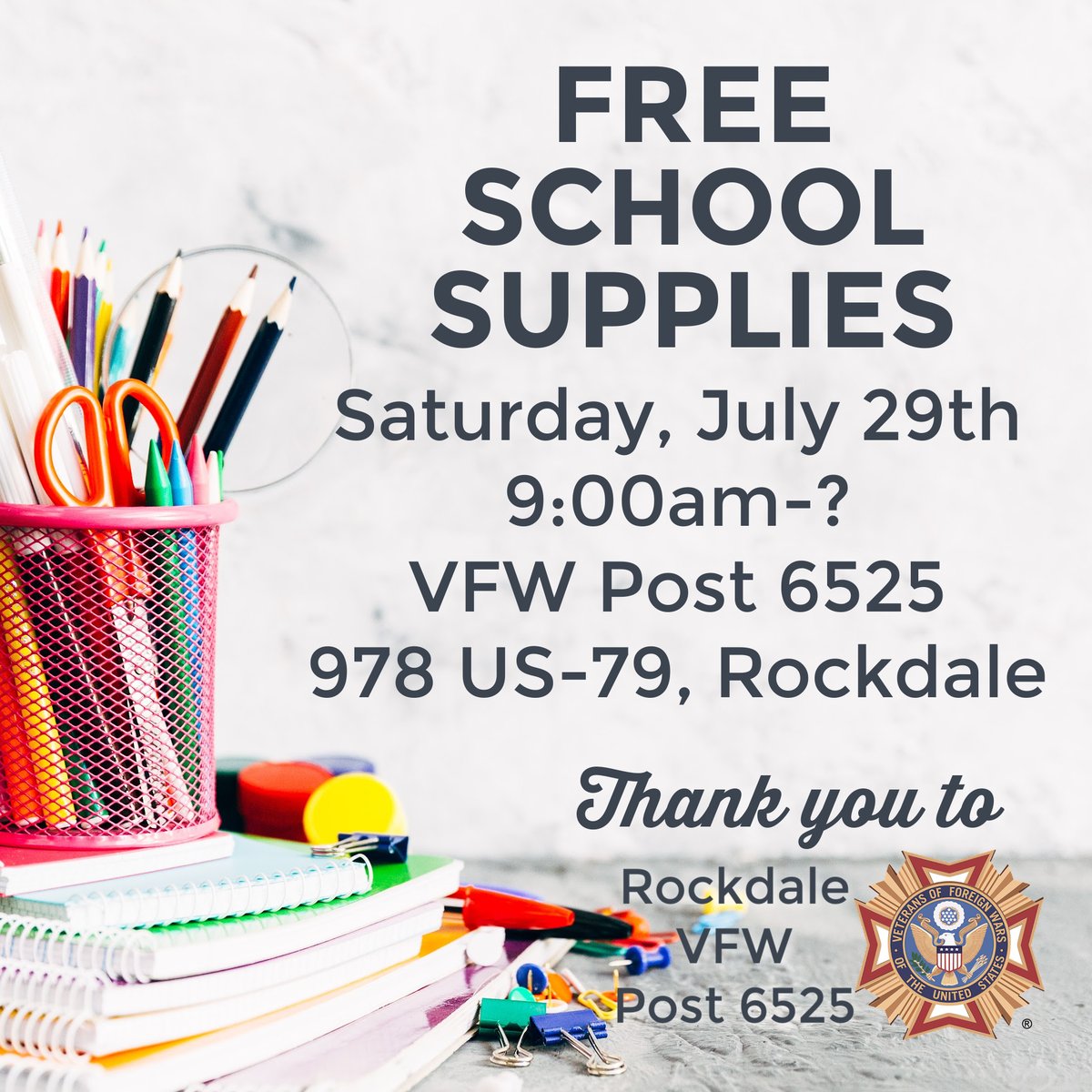 Thank you to the VFW Auxiliary Post 6525 in Rockdale for organizing a School Supply Drive for area students. 

#BeRockdaleProud #iheartrockdale