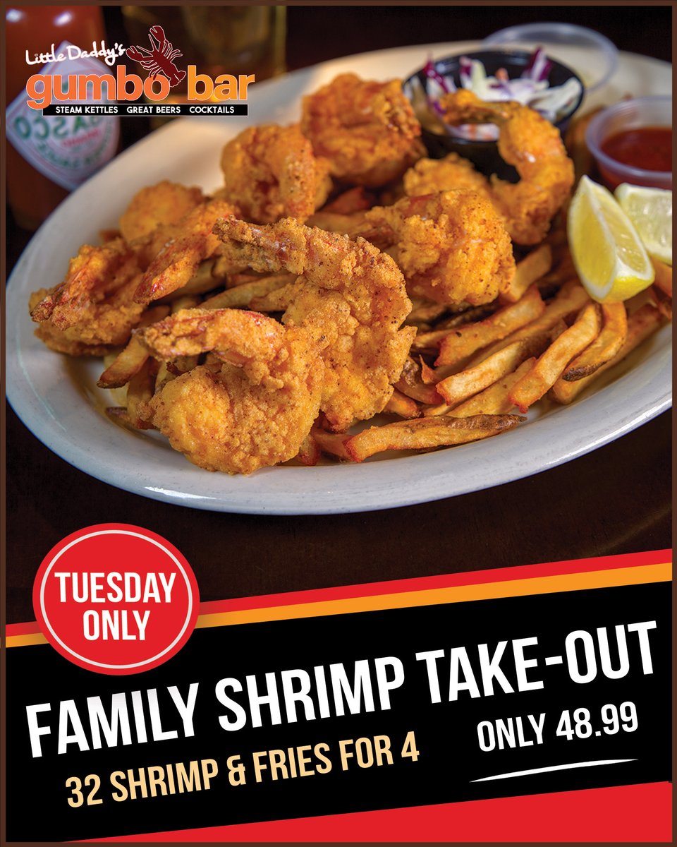 LDGumboBar's tweet photo. Enjoy an unforgettable family dinner tonight with our Tuesday Shrimp Take Out. With 32 Fried Shrimp and fries for 4, there will be plenty of food and smiles to go around. 

Directions: https://t.co/2s1qvo7xkp https://t.co/jWIqTEpL7l