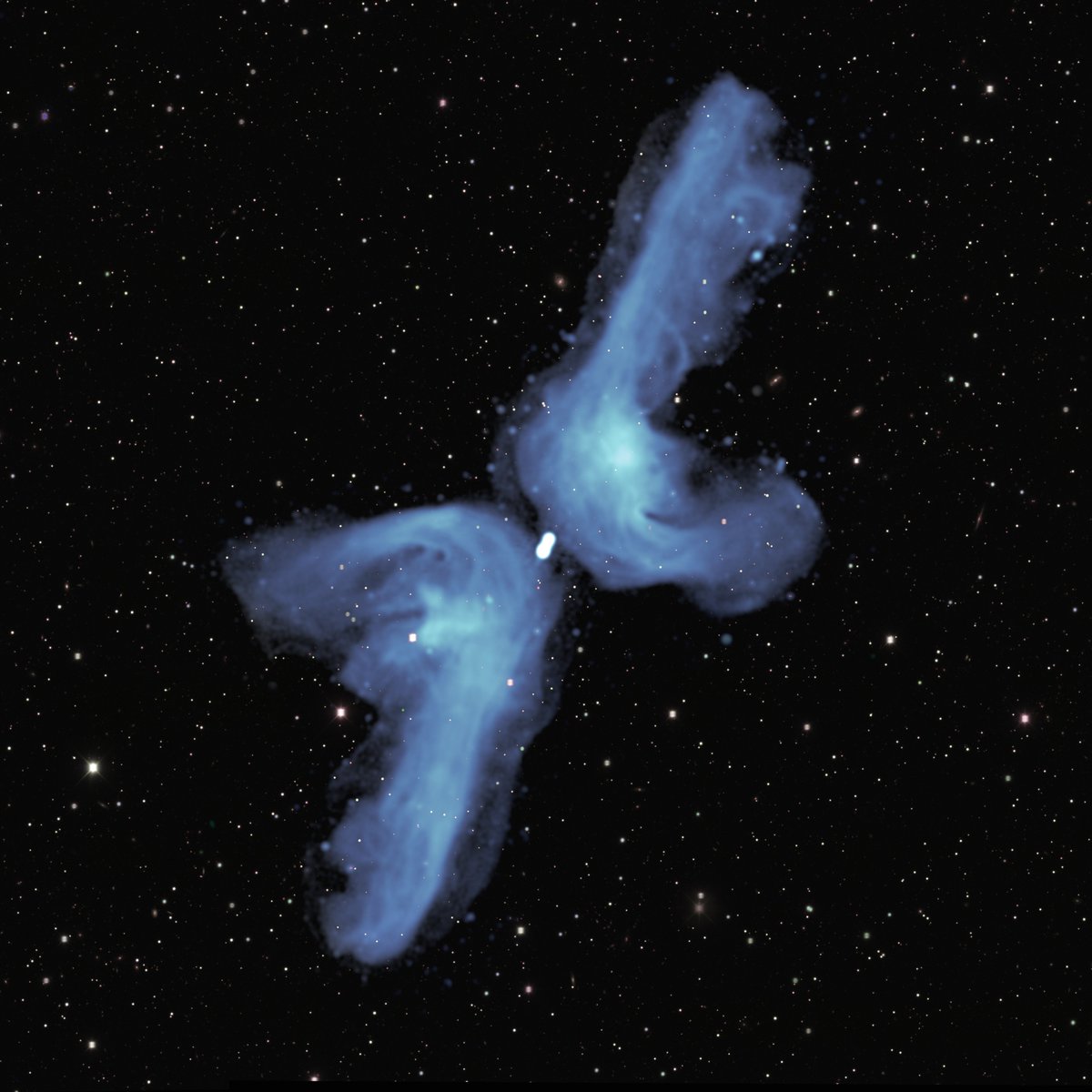 Entire galaxies can be X-shaped!
Here's an image of the galaxy PKS 2014-55, taken by the MeerKAT radio telescope in South Africa. The "legs" of the X are 2.5 million light years long, a dozen times the size of our entire home galaxy, the Milky Way. 
public.nrao.edu/gallery/boomer…