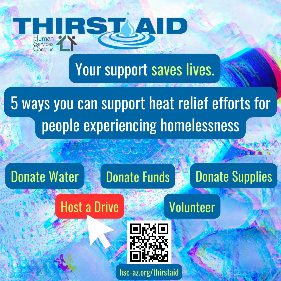 💧 THIRSTAID 💧 Our next drop off day for BOTTLED WATER DONATIONS is Saturday, August 5th!

Come on by the Campus at the Harrison Street Gate from 9am-12noon and staff will unload your car for you!

🗣 SPREAD THE WORD, share and retweet! 🙏
hsc-az.org/thirstaid/

1/3