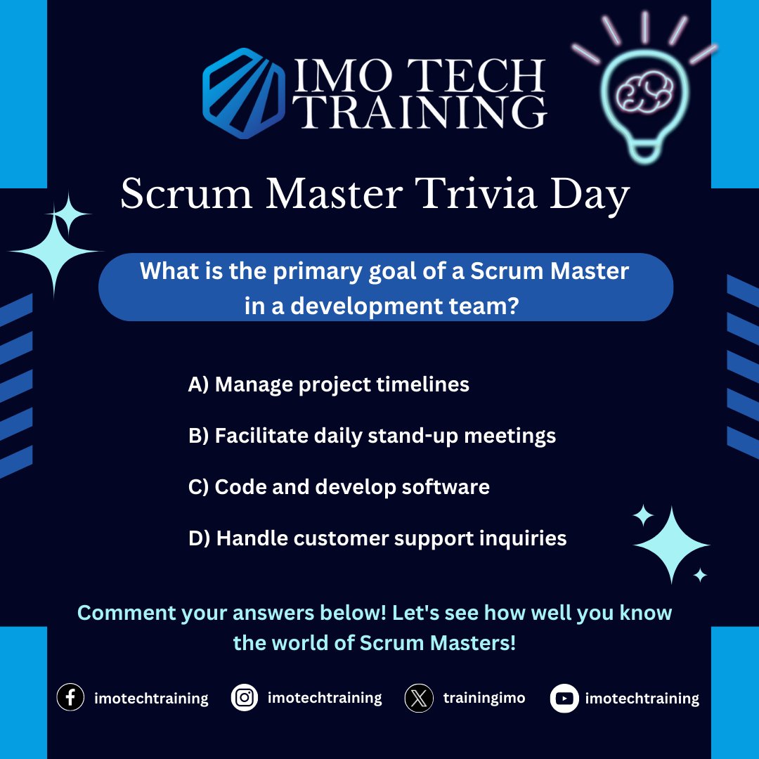 TrainingImo's tweet image. Test your agile knowledge with our Scrum Master Trivia Day challenge! Comment your answers below! Let&apos;s see how well you know the world of Scrum Masters! #imotech #ScrumMasterTrivia #AgileKnowledge #TechQuiz #ChallengeAccepted #IMOTraining #IMOTechTraining #TechGuru #quiz #scrum