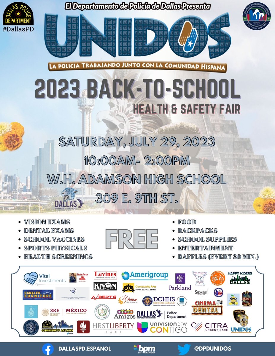 DPDUnidos (@dpdunidos) on Twitter photo UNIDOS' Back-to-School Event
Saturday, July 29th. 10a-2p
309 E. 9th St <a href="/dallasschools/">Dallas ISD</a>' Adamson H.S UNIDOS' Back-to-School Event
Saturday, July 29th. 10a-2p
309 E. 9th St <a href="/dallasschools/">Dallas ISD</a>' Adamson H.S