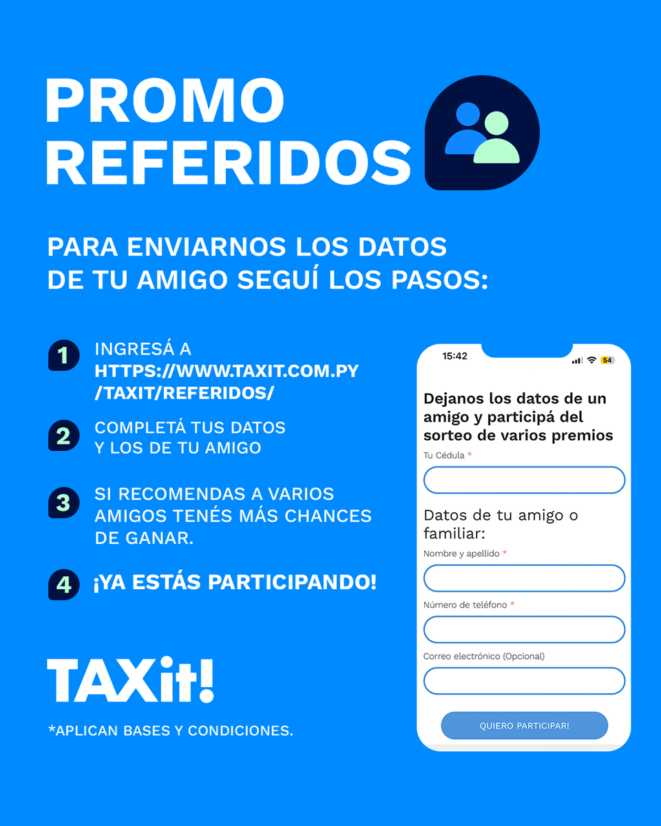 Llegó la promo referidos por el mes de la amistad 💙 Y podés participar de:
🏕️ Una estadía con 6 amigos de viernes a domingo en Monte Luna
🍖 1 vale para Patria Parrilla de Gs. 500.000
🍸 1 vale para La Taperia de Gs. 500.000

Seguí los pasos 👇🏻✔️