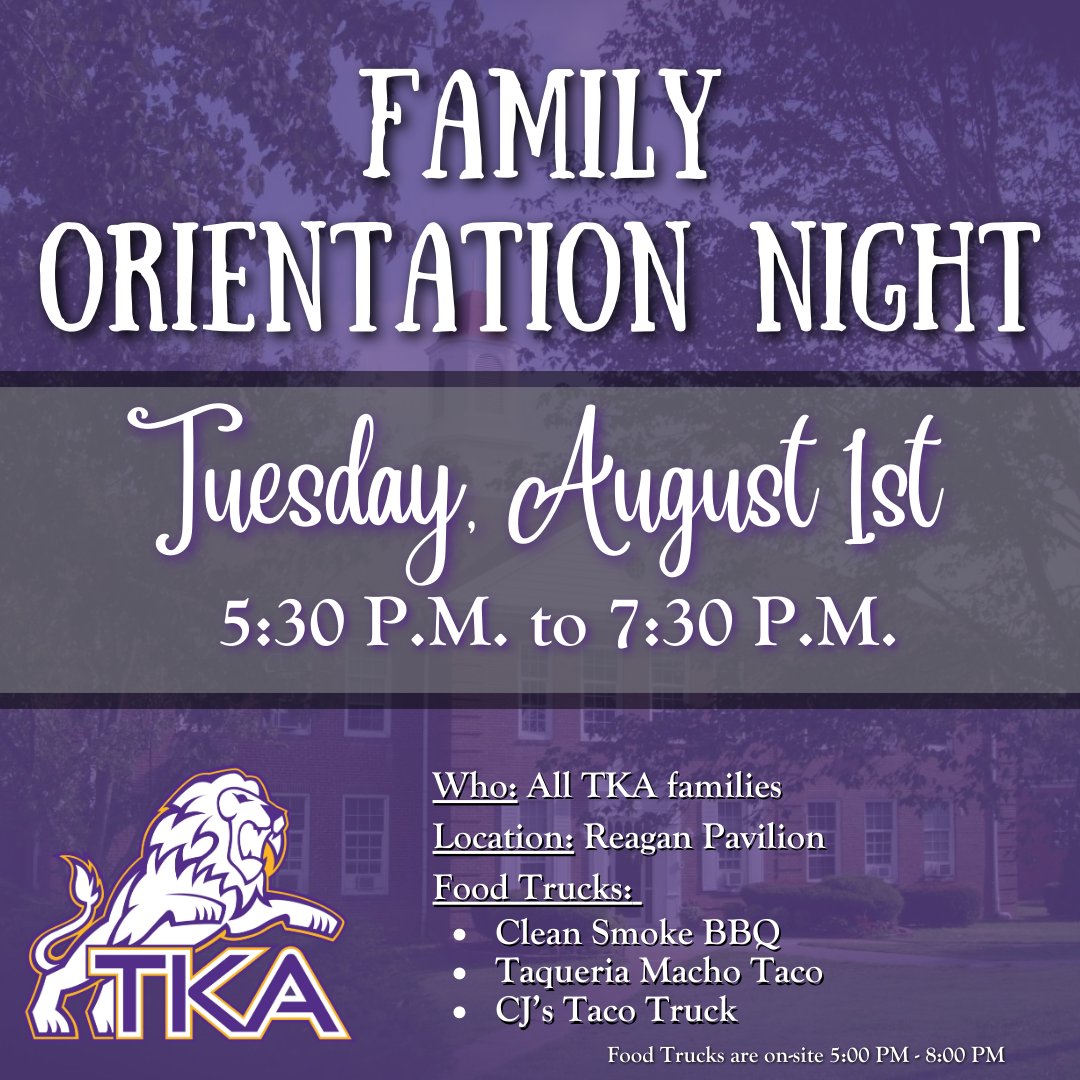 TKASeymour's tweet photo. ποΈ π¦ Orientation night is just one week away! We can't wait to welcome you and your students back to school. We look forward to seeing you! #OrientationNight #BacktoSchool #TKALionsTN https://t.co/Js6rRfd2Tz