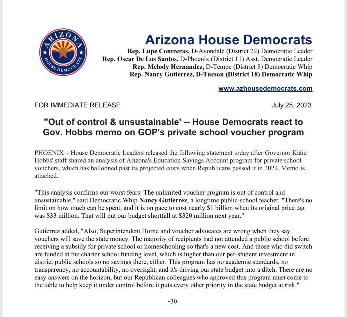 AZHouseDems's tweet photo. PRESS RELEASE: “Out of control &amp; unsustainable' -- House Democrats react to Gov. Hobbs memo on GOP's private school voucher program https://t.co/eGA6gef3NJ