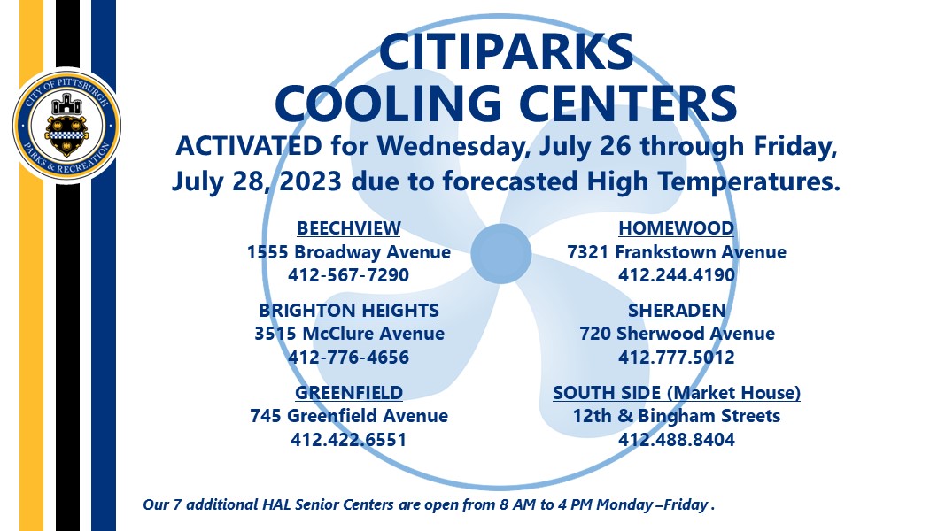 CitiParks's tweet photo. IMPORTANT NEWS!

COOLING CENTERS ACTIVATED for Wednesday, July 26 through Friday, July 28, 2023 with forecasted temps reaching 90 degrees plus.

6 Healthy Active Living Centers will remain OPEN until 7 PM!

All are welcome!

Read Press Release here: https://t.co/mNUFqGcf3y https://t.co/FLtCxAKGxs