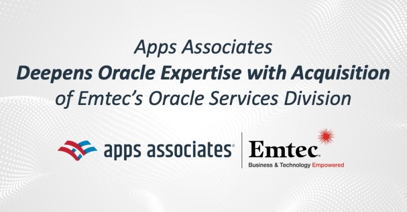 AppsAssociates's tweet photo. #NEWS 📣 

We have acquired Emtec Global Services LLC, the #Oracle-focused business unit of @EmtecInc, to expand our client portfolio across the #healthcare, technology, and energy and utilities industries. https://t.co/t6yw1ZYwAk https://t.co/bpHmDhE1RI
