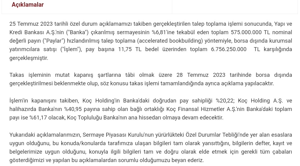 #Kchol #Ykbnk Koç Holding, 575 milyon adet Yapı ve Kredi Bankası'nın hissesini sattı. ◾Koç Holding, bu satıştan 6.75 milyar₺ gelir elde etti.