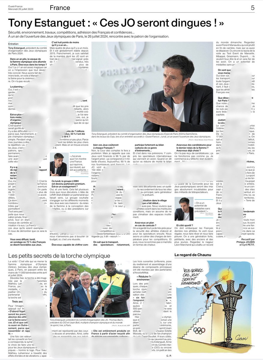 CyrilPetit's tweet photo. Paris 2024, J-1 an. Dans « Ouest-France », un grand entretien avec Tony Estanguet, les coulisses de la cérémonie d’ouverture, les chances françaises et le courrier des lecteurs. #GOJOuest 🚴🏻‍♀️🏊‍♂️🏃🏻‍♀️🏄🏻‍♀️🤾🏼⛹🏾‍♀️🏋🏻‍♀️🤺🤽🏿‍♂️🚣🏻‍♂️🏇

👉 https://t.co/EGocYrEGpE https://t.co/lmobH1dfYp