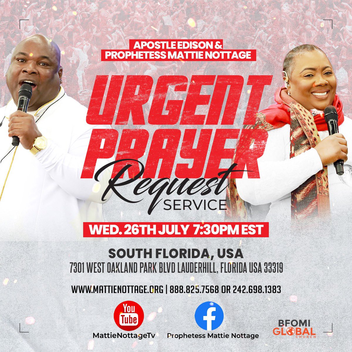 DrMattieNottage's tweet photo. If your case is urgent, God has the answer. Join us this and every Wednesday night for our URGENT prayer request service. We know that you will get the answer in Jesusโ name!
-Drs. Edison & Mattie Nottage
#MattieNottage #EdisonNottage #Urgent #911 #Church #Prayer https://t.co/UHXokTlWMA