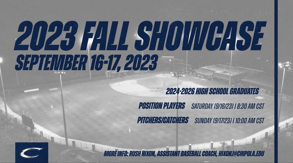 We are excited to announce the dates for our 2023 Fall Showcase! An excellent opportunity to showcase your skills in front of our staff and other college and pro scouts. Follow the link below to reserve your spot! chipolaathletics.com/sports/bsb/fal…
