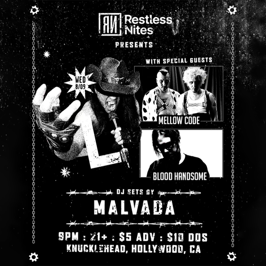 Restless Nites (@restlessnites) on Twitter photo Restless Nites is proud to host a night of Techno, EBM and more with L, Mellow Code (<a href="/Mellowcodemusic/">π ππππ’πͺ ππ’ππ</a>), and Blood Handsome (<a href="/bloodhandsome/">bloodhandsome</a>) at Knucklehead Hollywood, August 9th.
DJ sets by Malvada (@djaymalvada)
Come party with us.
Link in bio. Restless Nites is proud to host a night of Techno, EBM and more with L, Mellow Code (<a href="/Mellowcodemusic/">π ππππ’πͺ ππ’ππ</a>), and Blood Handsome (<a href="/bloodhandsome/">bloodhandsome</a>) at Knucklehead Hollywood, August 9th.
DJ sets by Malvada (@djaymalvada)
Come party with us.
Link in bio.