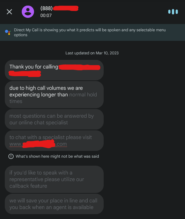 a_keyes's tweet image. If Google's Direct My Call feature already knows the first part of your phone system's greeting, and it includes "due to high call volumes", then you need to address the situation, as you can't always have "higher than normal call volumes". That's just math.