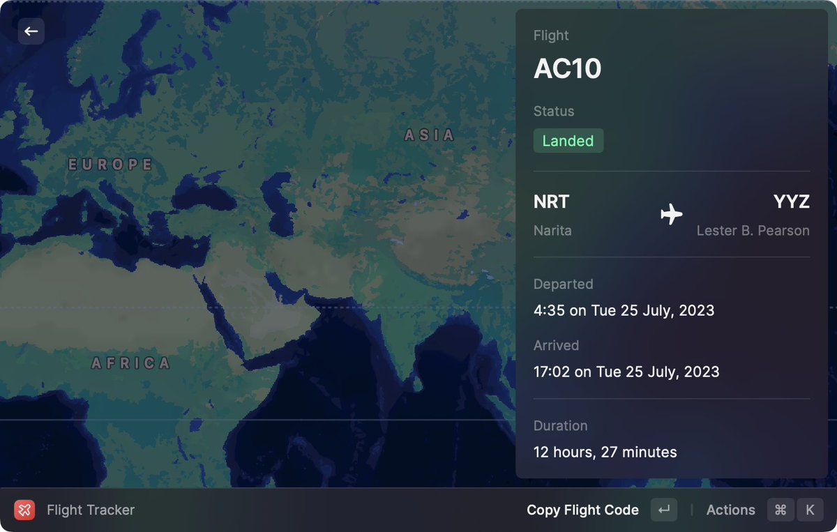 kevinvla's tweet photo. Probably the coolest discovery about @raycastapp is the built in flight tracker. Don't need it often but when you do the feature is 🔥 https://t.co/bZfIiNCNJd