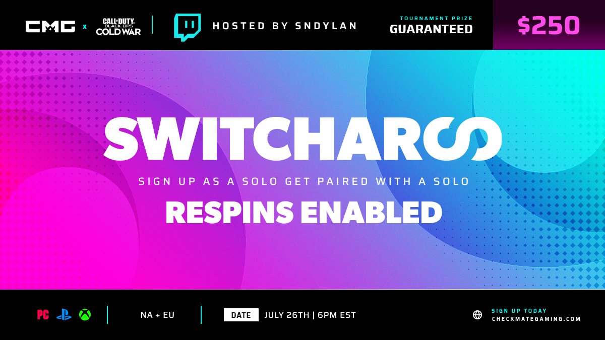 🏆 2v2 COLD WAR SWITCHAROO

💰 $250 GTD Prize | 90% Payout
🕑 Tomorrow 6:00 PM EST / 11:00 PM BST
♻️ Respins Enabled
📹 Hosted by: <a href="/SnDylan/">Dylan</a>

Sign up: checkmategaming.com/tournament/cro…