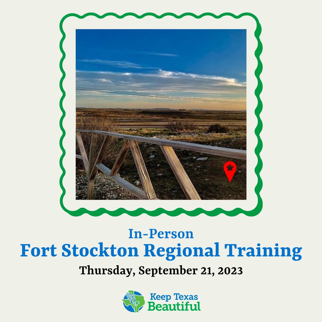 Join Keep Texas Beautiful on Thursday, September 21, at the in-person regional training in Fort Stockton! This is a great time to learn from and network with area affiliates. Special thanks to Keep Fort Stockton Beautiful for hosting this training! Register via link in bio 🔗