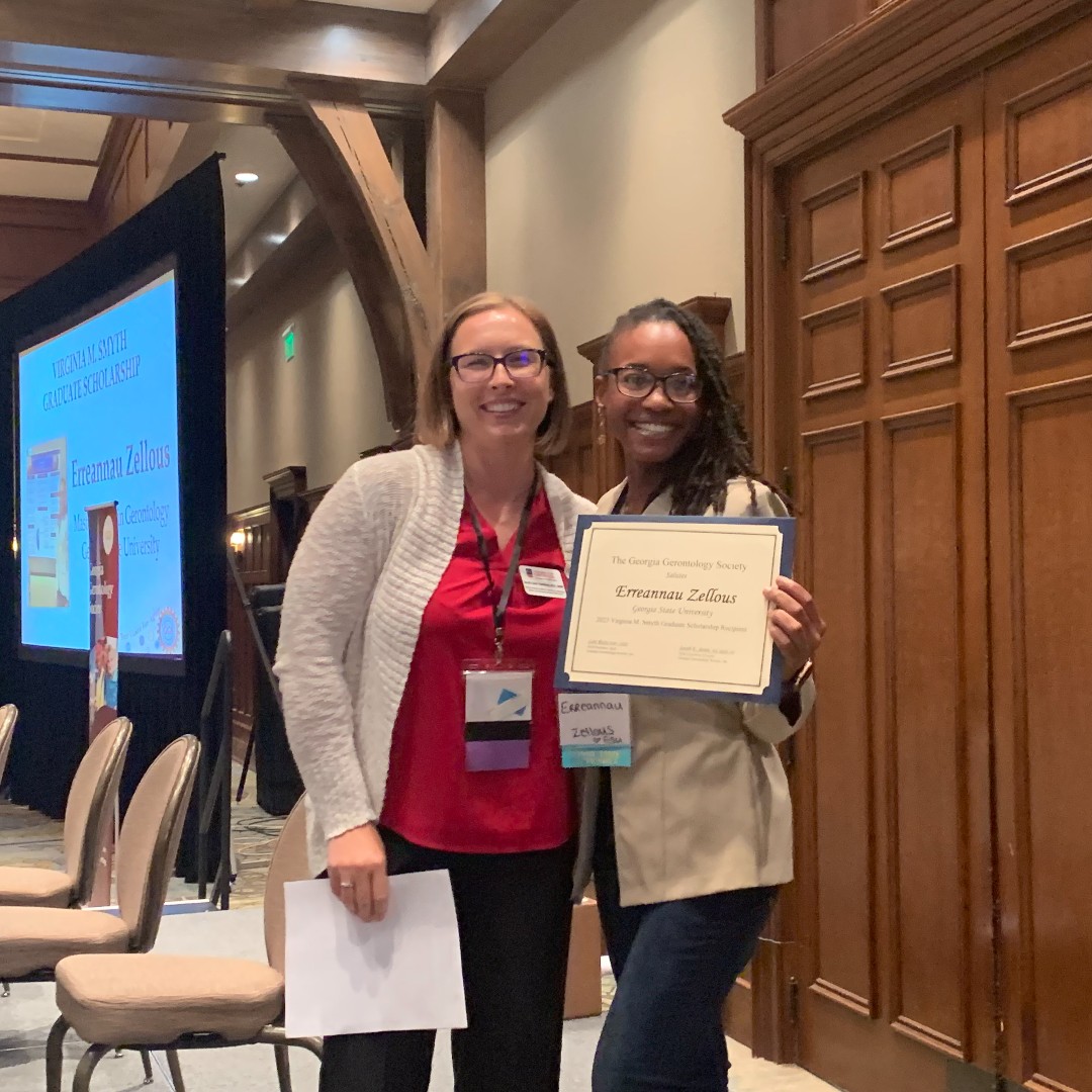 GSUGerontology's tweet photo. Please join me in congratulating Erreannau Zellous, current MA student at Gerontology Institute at Georgia State, who was presented with the Virginia M. Smyth Graduate Scholarship today at the Georgia Gerontology Society. Congratulations Erreannau! https://t.co/rhGJ5Pk9Ui