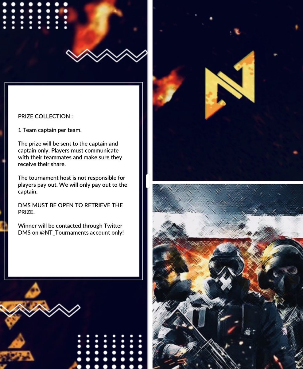 NT_Tournaments's tweet photo. NEW TOURNAMENT
4TH OFFICIAL #NTOLT TOURNAMENT 

| Rainbow 6 Siege 3v3 BO1 XB1 |

$2 entry per player ($6per team) 
1 team captain 

Prize: ALL OR NOTHING 

MUST BE FOLLOWING ON TWITTER 
RTS Appreciated 

@BlazedRTs 

Rules: https://t.co/WVLNnuPAmL