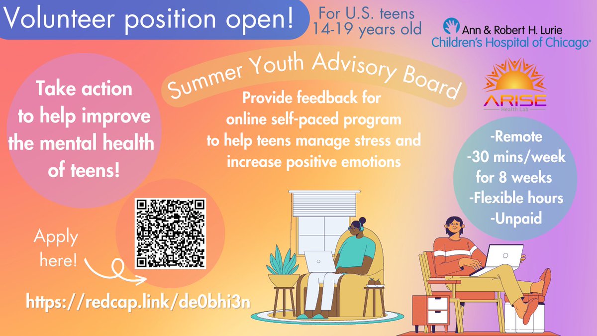 Interested in volunteering with the @AriseHealthLab? Help us by participating in our summer youth advisory board! Scan the QR code for more information! Please like, share, and repost.