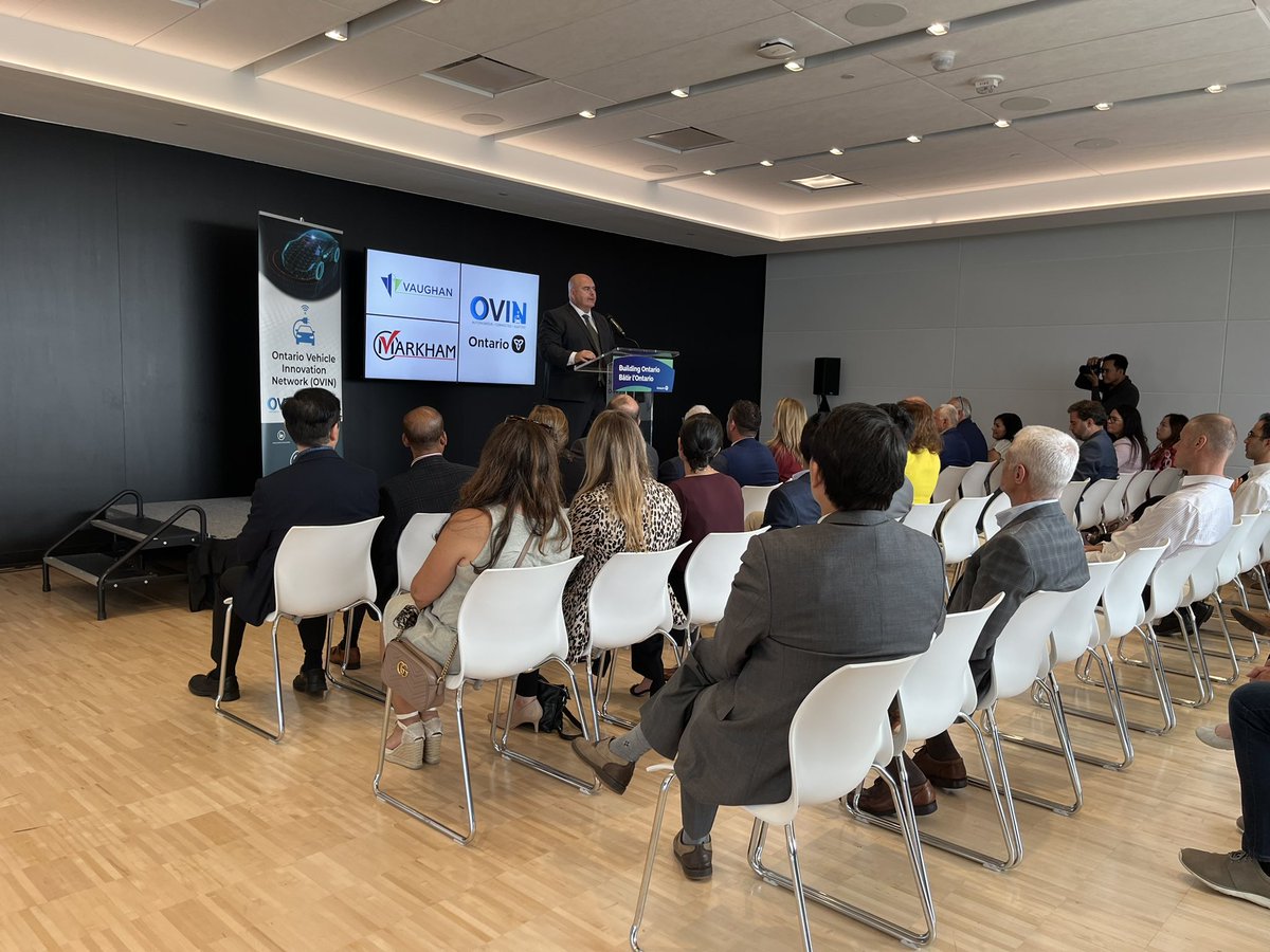 erynnsally's tweet photo. Today was all about driving innovation! 🚘 

Vaughan, Markham &amp; Ontario are teaming up to accelerate auto tech innovation in the GTA with the announcement of a new Ontario Vehicle Innovation Network Demonstration Zone. 

Mayor @StevenDelDuca’s statement: https://t.co/D2AxQh1y0J https://t.co/2XnAfLObau