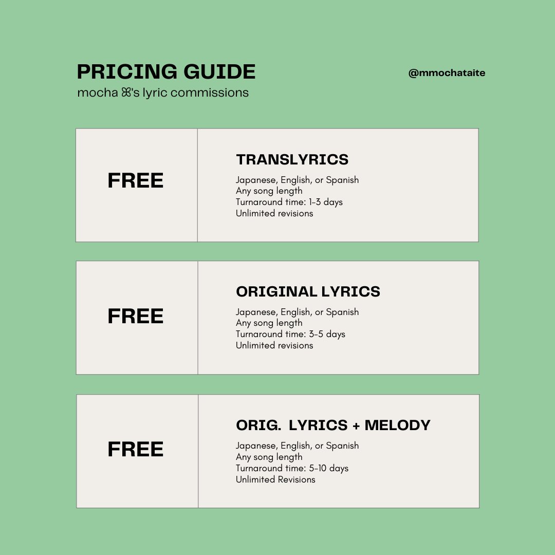 mocha ꕤ 's lyric commissions are open, and FREE!

i'm looking to expand my samples, so if you are in need of lyrics for a song, hit me up! look below for the different categories, and dm me for more details and my current samples!

rts appreciated :)
