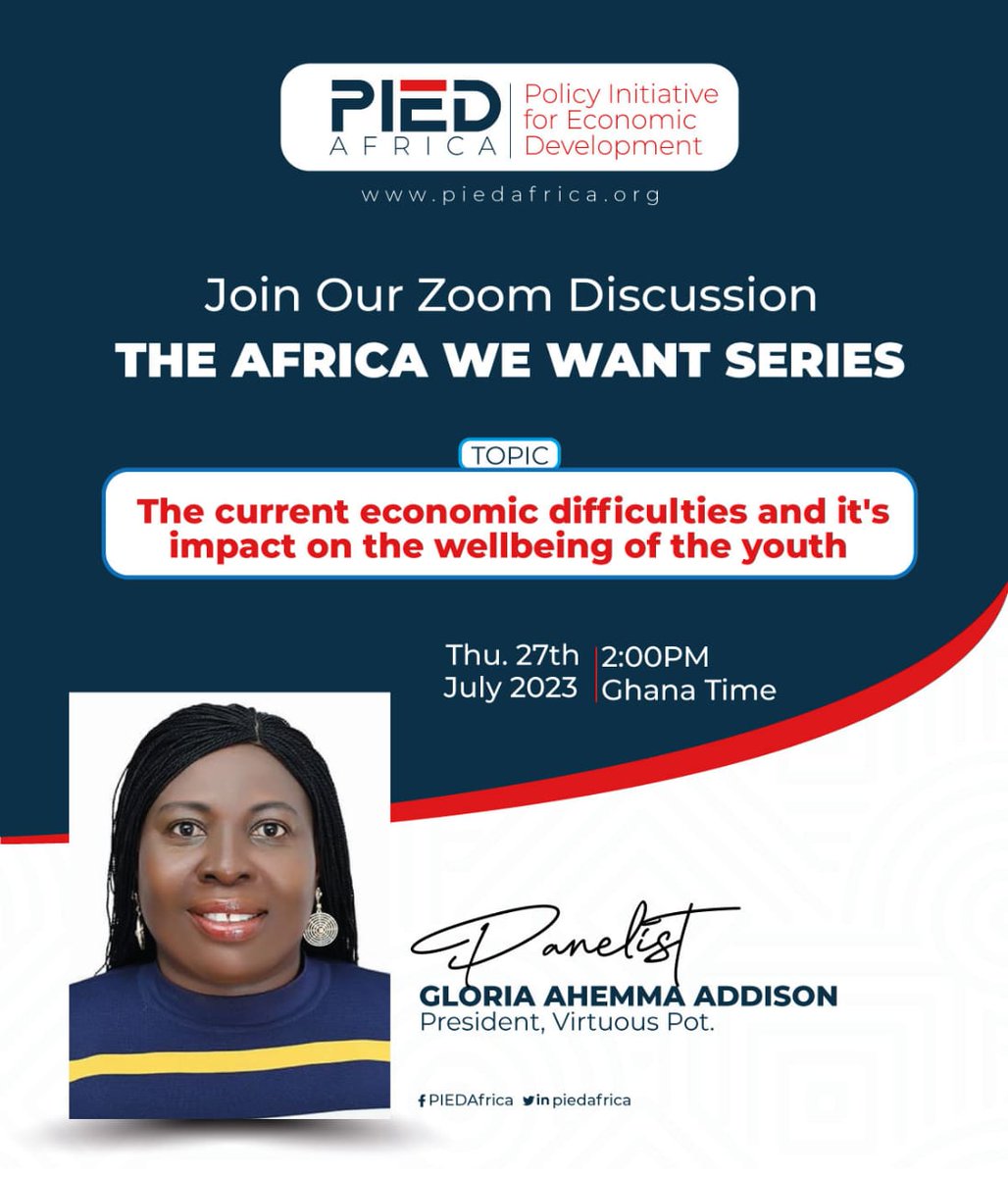 Gloria Ahemma Addison share her perspective on how the youth can maximize the limited opportunities in this current economic difficulties to achieve optimum results.
Join via : us06web.zoom.us/j/4803655671?p…
#AfricanUnion #AfCFTA #PIEDAfrica #Agenda2063