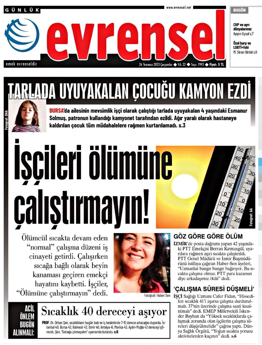 Aşırı sıcaklar ölüm getirdi: PTT emekçisi Berran Kırmızıgül çalışırken yaşamını yitirdi
<a href="/habersenizmir/">Haber-Sen 6 Nolu Şube</a>
<a href="/DeryaBalseven/">Derya BALSEVEN</a>
<a href="/Keskizmir/">Kesk İzmir Şubeler Platformu</a> <a href="/kesk1995/">KESK</a> <a href="/asta/">asta</a>
<a href="/caferfdn/">Cafer FİDAN</a> <a href="/izmirtabip/">İzmir Tabip Odasi</a>