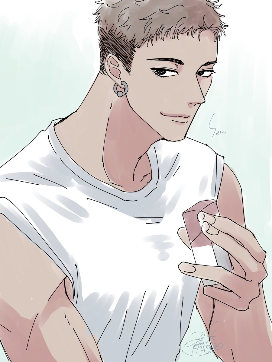 solo male focus 1boy earrings jewelry undercut shirt  illustration images