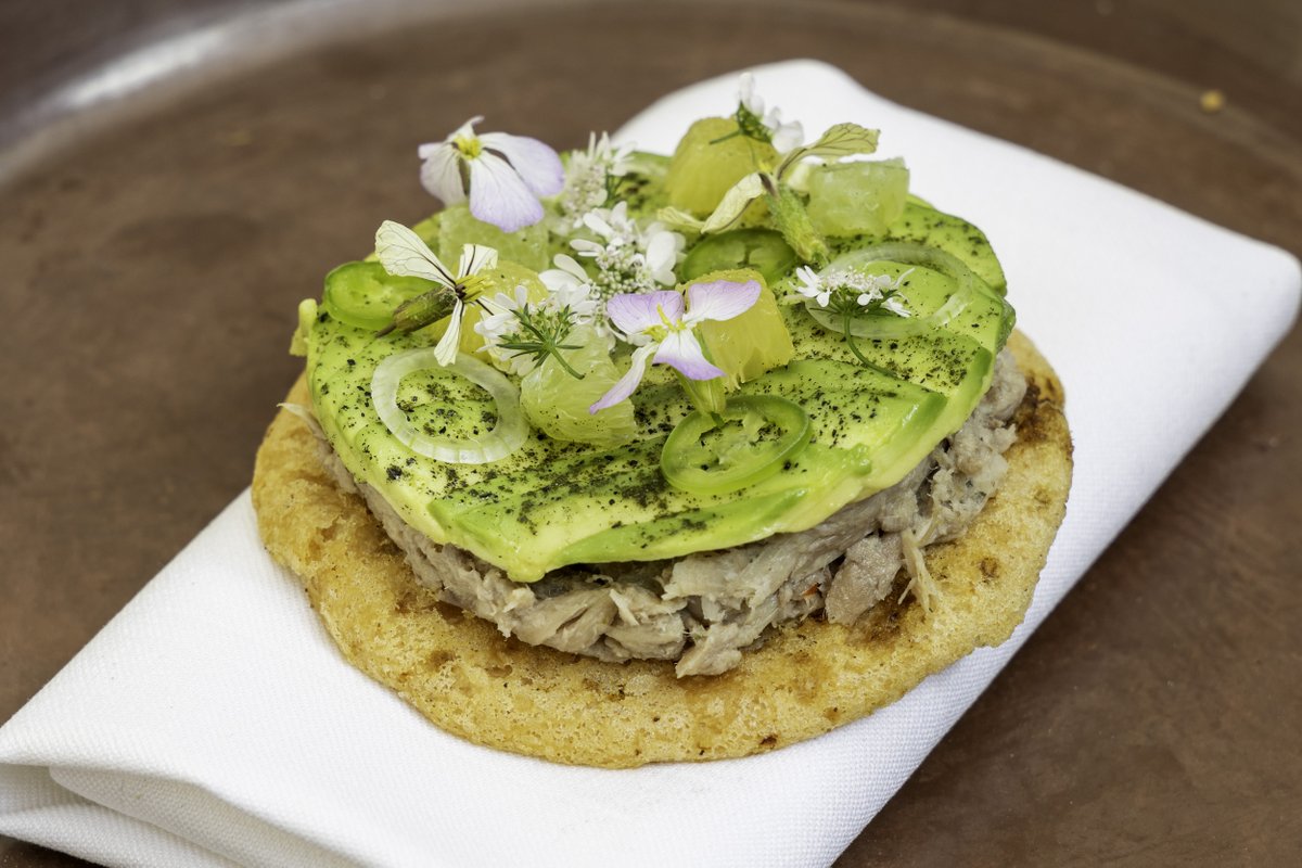 limosnerosmx's tweet photo. Las "Tostaditas" de Salpicón de Pato son una reinterpretación de Tsi'ik yucateco, salpicón que habitualmente se prepara con venado, utilizando carne de pato confitada preparada con orégano y naranja agria. Lo coronamos con un milhojas de aguacate. https://t.co/n4WEqzpOoM