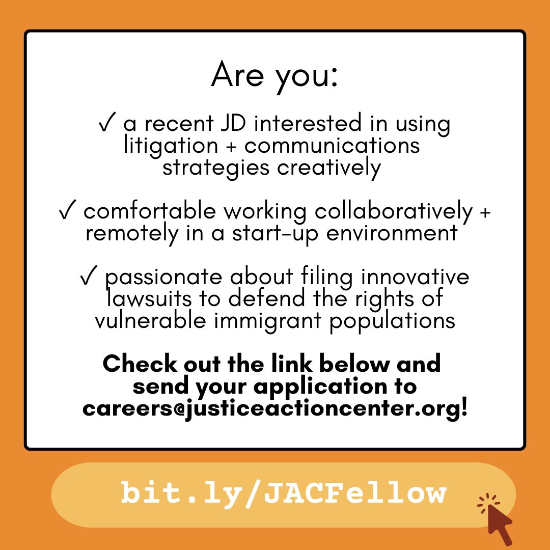 jactioncenter's tweet photo. We're hiring! 

Are you or someone you know a recent JD interested in using litigation + communications strategies creatively? We're looking for a Law Fellow through @EJW_org @CatalystJustice, Skadden + others for the 2024 fellowship cycle. 

Learn more at https://t.co/K41s2HTk0x https://t.co/RjiNZWbWRL