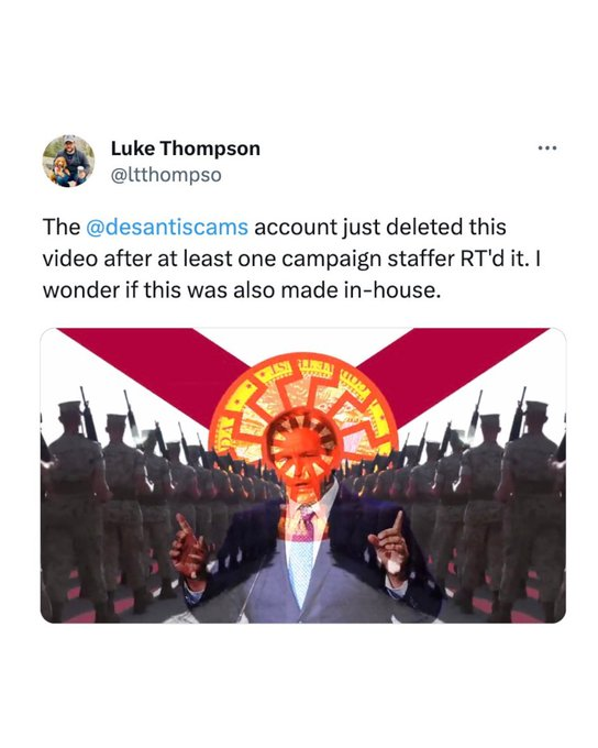 NoLieWithBTC's tweet photo. My God. It turns out that a DeSantis campaign staffer didn’t just *share* a video featuring DeSantis with Nazi symbols— he MADE it himself. He previously praised white nationalist Nick Fuentes.  

And he was hired to write DeSantis’ speeches.

🔗https://t.co/32dzcTMTCG https://t.co/bYXsl0FfpF