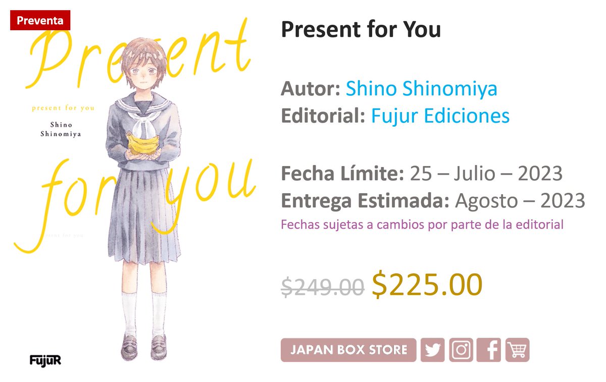 JapanBoxStore's tweet photo. [ Preventa ] #Manga Present for You ✨
#ShinoShinomiya / #FujurEdiciones

🛒 Tienda en Línea: https://t.co/7WL3gfyggI
📅 Fecha Límite: 25 - Julio - 2023
📦 Envíos a toda la República Mexicana

#Seinen #MangaLove #MangaAdict #MangaReader #MangaCollection #MangaMéxico https://t.co/dDn3NcbokT
