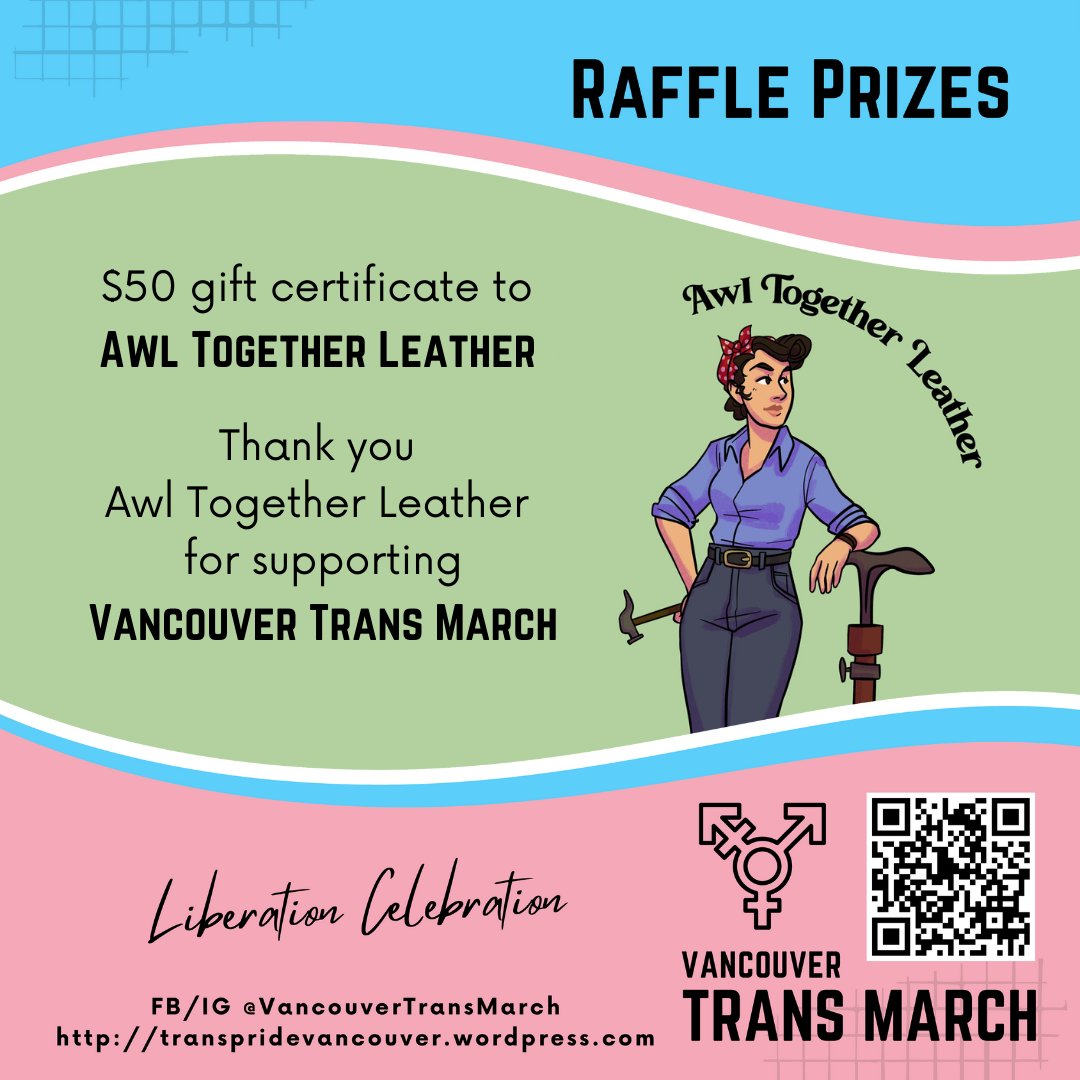 VanTransMarch's tweet photo. !! New Raffle Prize !!

Big thanks to @AwlTogetherLthr for your generous addition of a $50 gift certificate!

$1 Raffle tickets will be on sale at the event (cash only)

More info for the raffle on our website, see bio!

Happy pride!!🌈 https://t.co/xdGbG9bofg