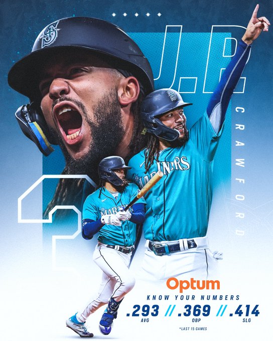 Optum stat graphic of J.P. Crawford: KNOW YOUR NUMBERS: .293 // .369 OBP // .414 SLG *LAST 15 GAMES