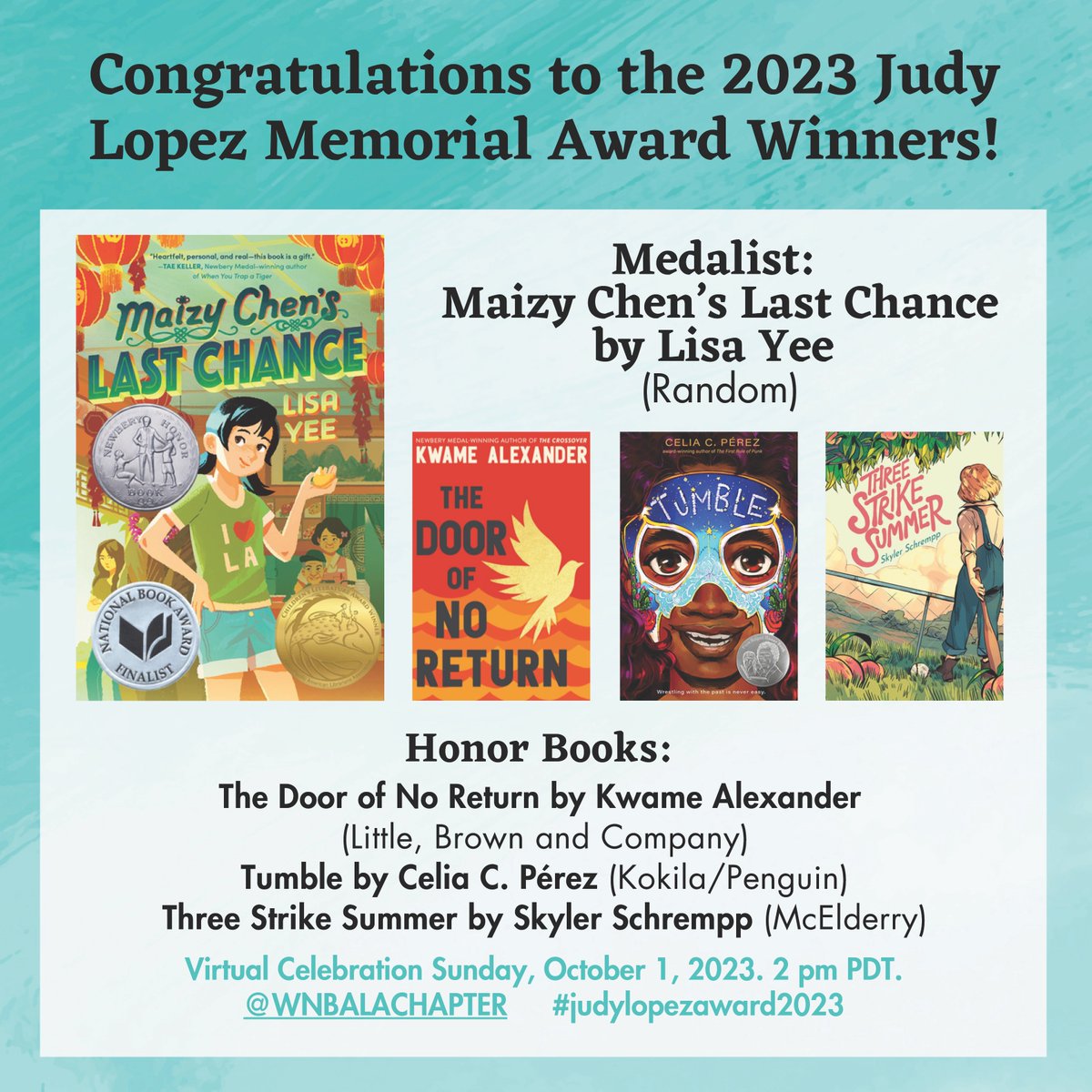 Congrats to the 2023 Judy Lopez Memorial Award winners! #MaizyChensLastChance #Tumble #TheDoorOfNoReturn #ThreeStrikeSummer