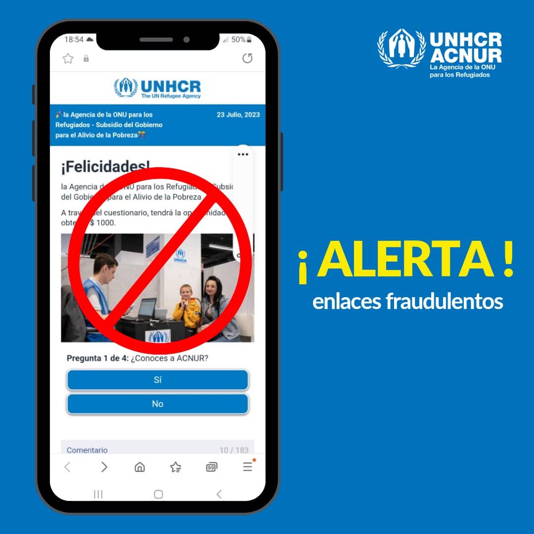 ACNURPeru's tweet photo. ⚠️¡Alerta de fraude! ⚠️🚩🚩🚩
 
En redes sociales circula una campaña ofreciendo dinero. 
Es una estafa. No caigas y no la compartas.
 
Sigue nuestros canales oficiales y cuídate de la desinformación. 
https://t.co/9jIwMOmkZm https://t.co/SzokTdfbkh