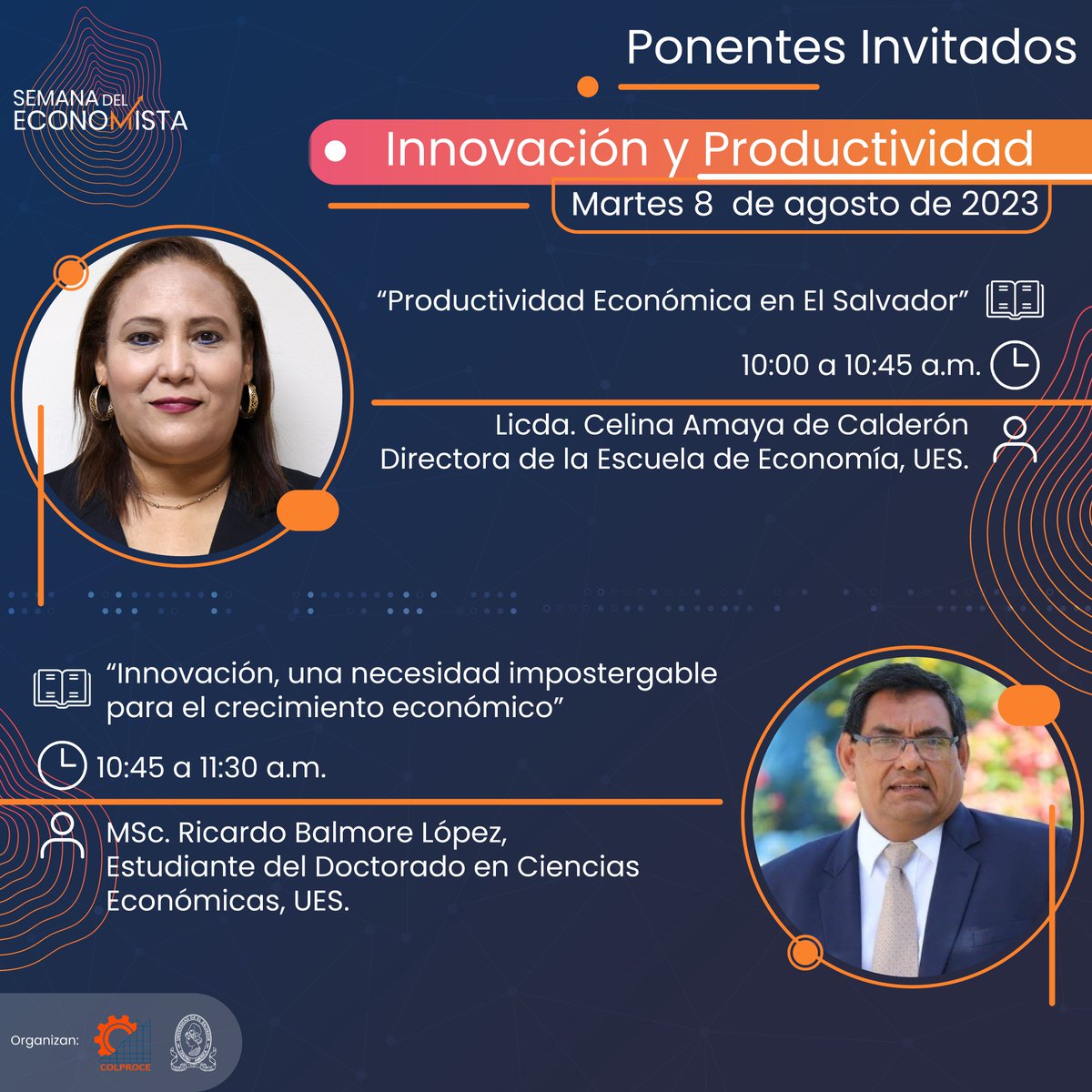 Colproce_SV's tweet photo. Compartimos los temas y cada uno de los profesionales a cargo de las ponencias de la primer jornada de la Semana Del Economista 2023, puedes asistir de forma presencial en nuestras instalaciones o de forma virtual en nuestra página de Facebook
#semanadeleconomista2023 #COLPROCE https://t.co/NaEYJsTCjE