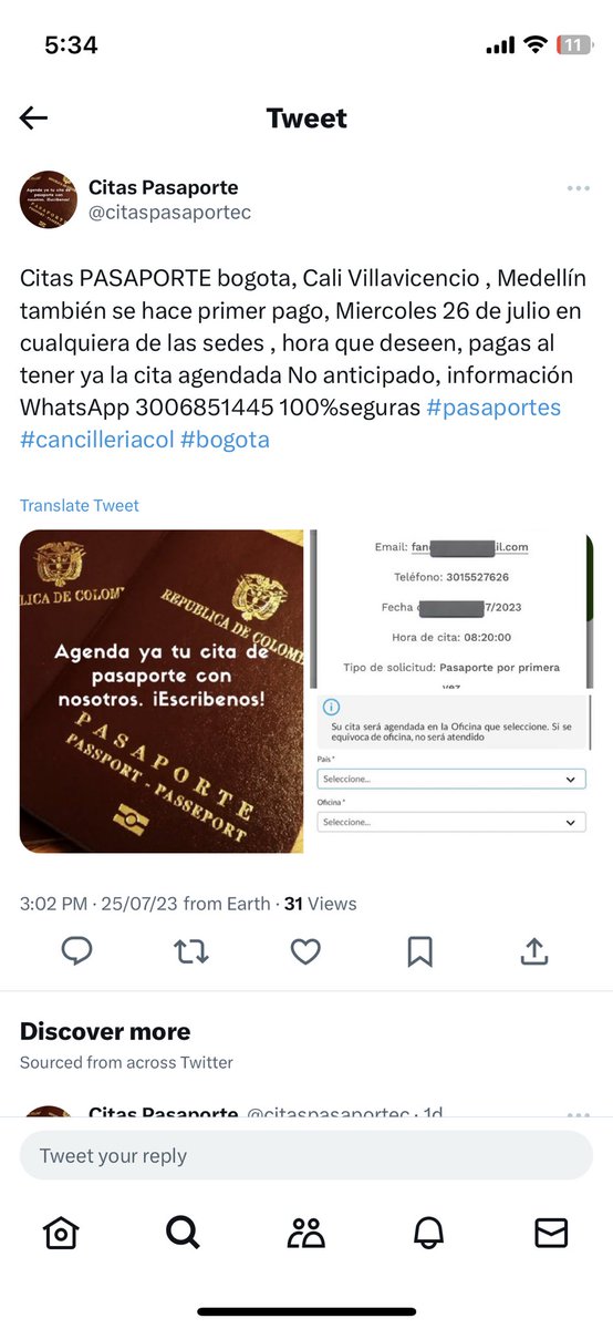Yazotov's tweet photo. Investiguen ! @CancilleriaCol @AlvaroLeyva @PoliciaColombia  se supone que renovar es relativamente sencillo !!!! Y hay este tipo de “ofertas” https://t.co/J4qJckkARl