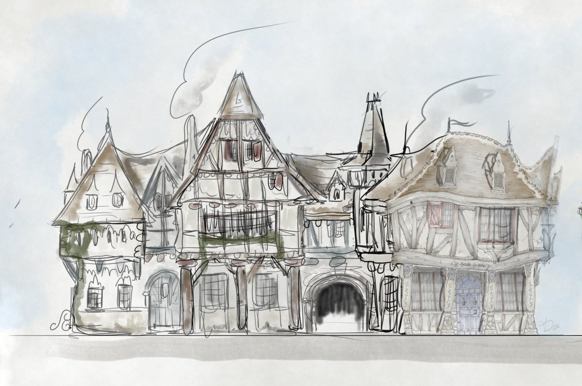 Schets English Pub 'The Squalid Scoundrel Inn' en Suikerparadijs 'De Verboden Vrucht'. Onderdeel van mijn Pieckse Efteling Uitrijk.