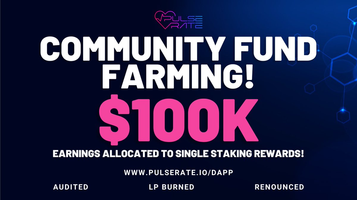 PulseRate_'s tweet photo. 🥳 Introducing the Community Fund Farming, an initiative to farm with $100,000.00 on @PulseXcom !

🤩 Rewards will be allocated to Single Staking boosting the APRs further enhancing the health of the ecosystem!

Start Earning Now!
👉 https://t.co/sTljA5qTDW

#PLS #PLSX https://t.co/qxQV5VevBH