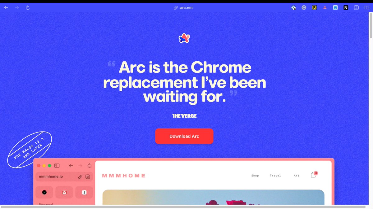 Tim Stringer (@timstringer) on Twitter photo The Arc browser from The <a href="/browsercompany/">The Browser Company</a> is now available to everyone: vist.ly/6g7p
I started using Arc about a year ago and it's now my default Mac browser. It's innovative, fun and flexible.
p.s. Most of my bookmarks are in <a href="/anybox_app/">Anybox App</a>, which made the switch easy. The Arc browser from The <a href="/browsercompany/">The Browser Company</a> is now available to everyone: vist.ly/6g7p
I started using Arc about a year ago and it's now my default Mac browser. It's innovative, fun and flexible.
p.s. Most of my bookmarks are in <a href="/anybox_app/">Anybox App</a>, which made the switch easy.