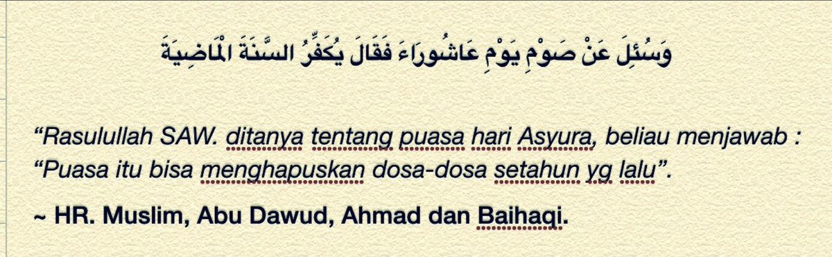 Insya Allah besok Kamis 27/7/2023 bertepatan dg 9 Muharram 1445 H adalah hari Tasu’a, dan Jum’at 28/7/2023 hari Asyura, 10 Muharram. Kaum muslimin di sunnahkan untuk berpuasa di kedua hari tersebut. Monggo bagi yg berkenan...😊