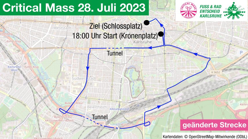 Geänderte Route für die #CriticalMass am Freitag in #Karlsruhe. Da der Gegenverkehr auf der Südtangente nicht umgeleitet wird, dürfen Fahnen, Aufbauten und Transparente maximal 2,5 m hoch sein. Denkt bitte an eine funktionierende Fahrradbeleuchtung wegen der zwei Tunnels.