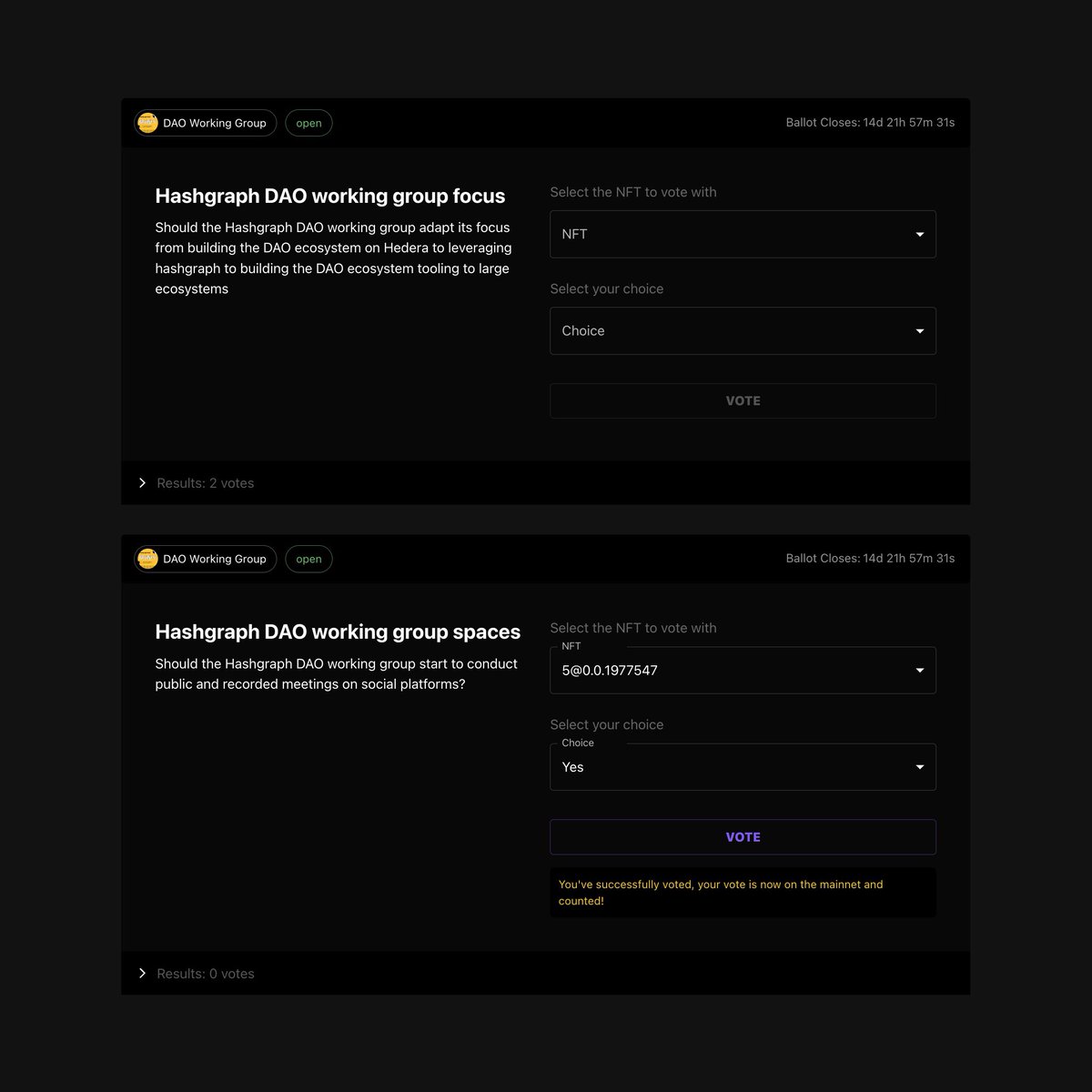 Our members are currently voting on two key decisions to help grow The Hashgraph DAO Working Group 🗳️

We’re using <a href="/TurtleMoonCC/">Turtle Moon</a> to cast our votes via HCS on the <a href="/hedera/">Hedera</a> network.

Cool fact: with 5.6 second finality, we can see our votes recorded right away!

#HBAR