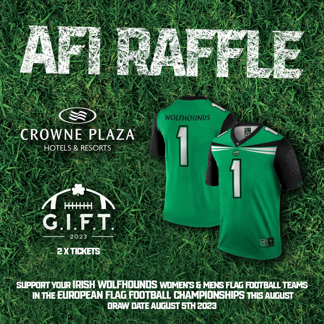 Probably your last chance to win 2 Tickets to this years @cfbireland classic. No better top prize either. Can't get a hotel room in Dublin over the weekend of the game. AFIs got you. Tickets are limited. Get yours today and support the @WolfhoundsAFI app.galabid.com/afi23