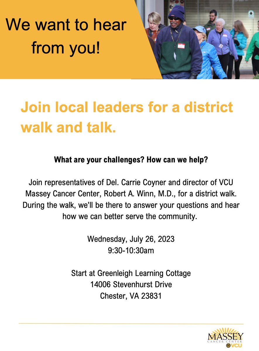 VCUMassey's tweet image. 🚶‍♂️🗓️ Join Del. Carrie Coyner &amp;amp; Dr. Robert A. Winn for a district walk in Chester, VA! Wed, July 26, 9:30-10:30am at Greenleigh Learning Cottage. Share your thoughts &amp;amp; questions! #CommunityWalk #ChesterVA