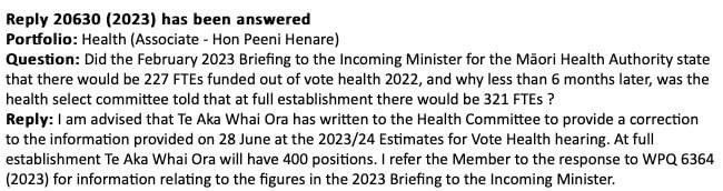 DrShaneRetiMP's tweet photo. In February the number of staff for the Maori Health Authority was reported at a staggering 227 FTEs, but the CE told the Select Committee a few weeks go it was 321 and now that has had to be corrected to 400! To put in context, Pharmac has around 150 FTEs and double the budget! https://t.co/HZwE0Dkxlv