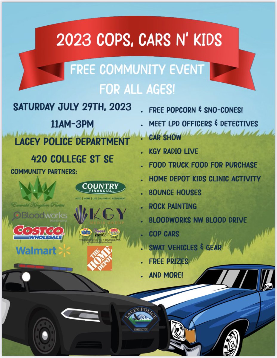 If you missed us at #CoffeeWithACop at Starbucks today, come see us Saturday for #CopsCarsNKids here at #LaceyPD from 11-3! 🚓🤗🚨#CommunityEvent #FreeEvent #CarShow #KidsEvent #LaceyWA #LaceyUnited